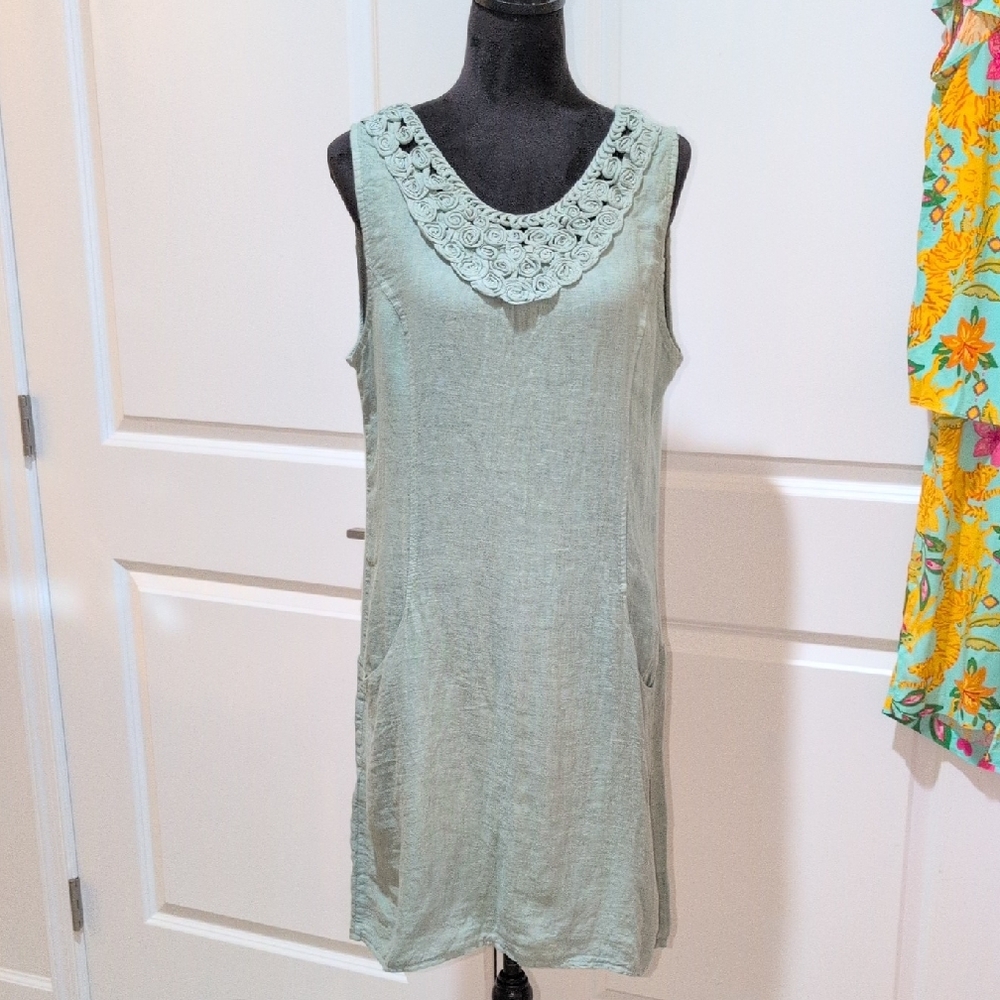NWOT Green Linen Summer Dress Made In Italy